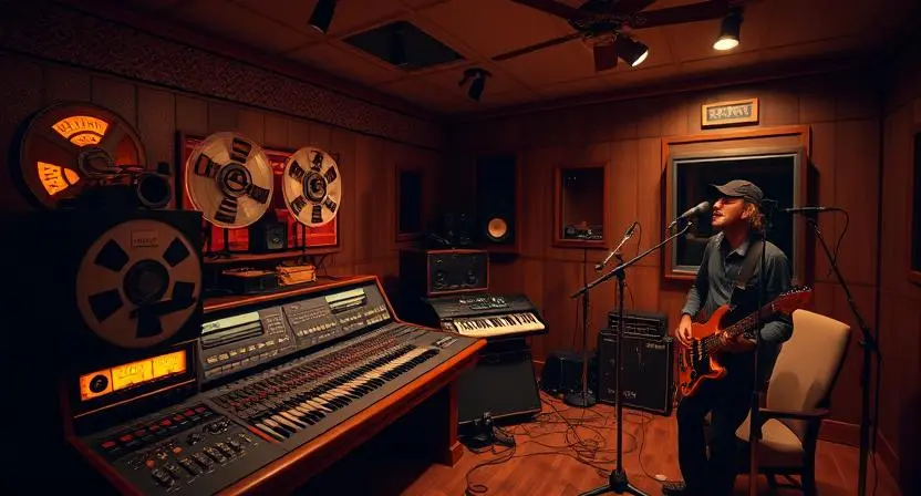 Vintage analog recording studio with reel-to-reel tape machine and mixing console