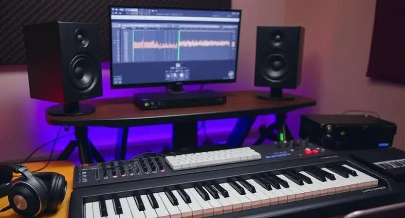 Beginner music producer setup with essential equipment: DAW, audio interface, headphones, microphone, and MIDI controller, all on a desk ready for home production.