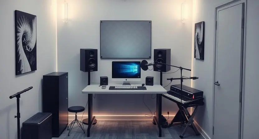 Compact home studio with a laptop, speakers, MIDI keyboard, and acoustic panels