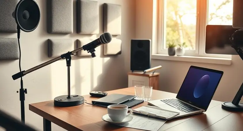 A cozy home studio with recording equipment and a creative workspace