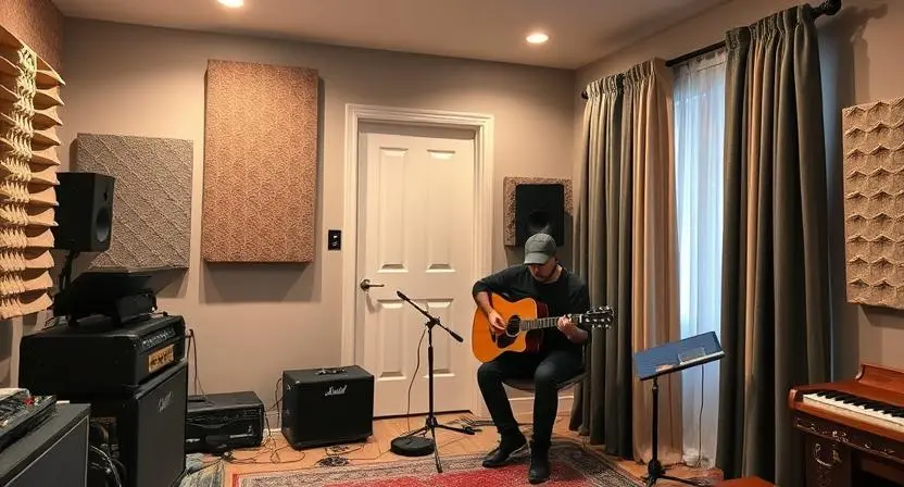 A musician in a soundproofed room with acoustic foam and mass-loaded vinyl