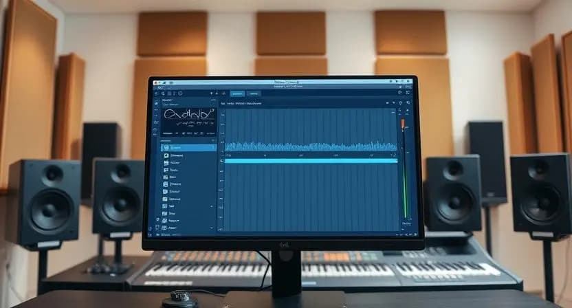 Music production studio with DAW showing gain plugin and proper gain levels