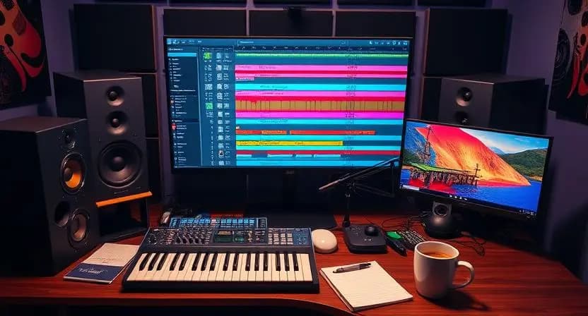 Color-coded DAW session with organized tracks and markers in a music production studio.
