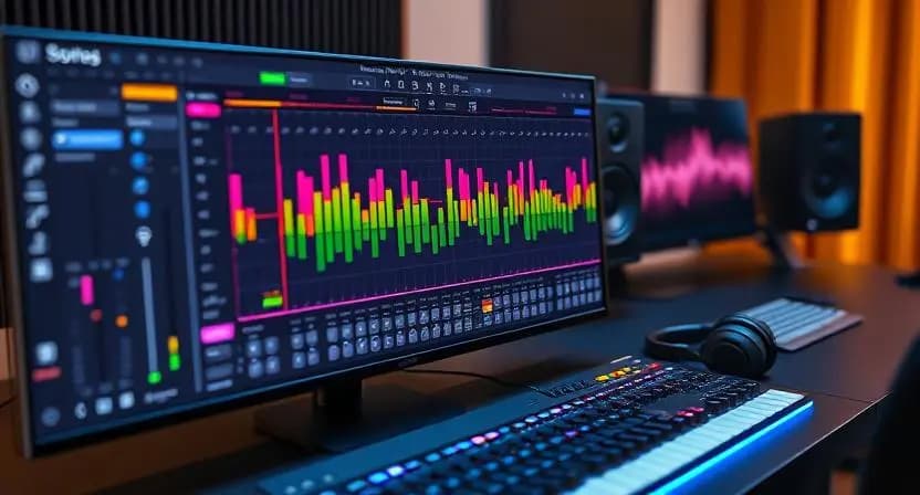 Digital audio workstation with EQ plugin adjusting frequencies to avoid masking
