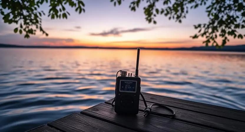 A portable recorder capturing natural sounds by a lake for an ambient soundscape