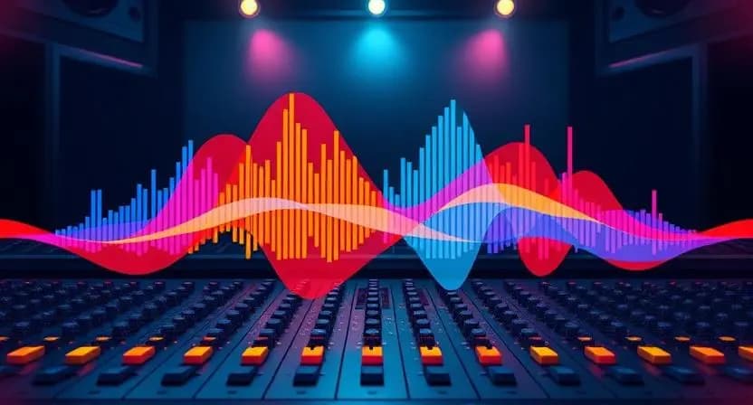 Colorful soundwave spectrum illustrating frequency masking in a music mixing studio