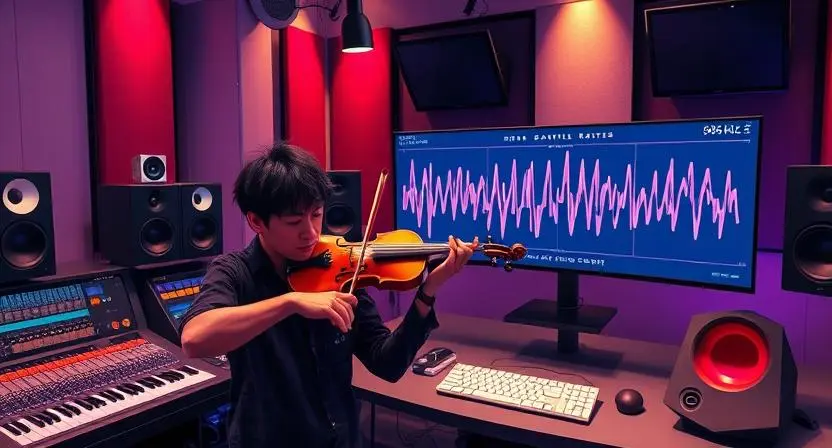 High-end recording studio with 96 kHz waveform and musician