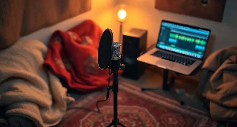 A home recording setup with a microphone, pop filter, and acoustic dampening materials