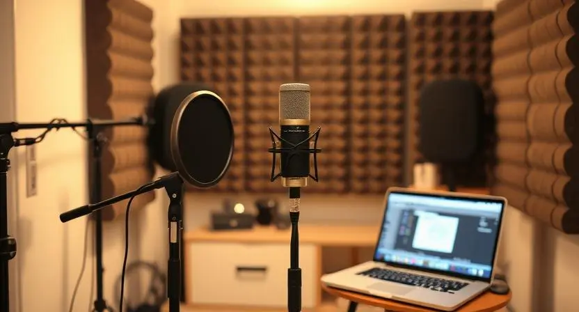 A home studio featuring a condenser microphone with acoustic treatment and recording gear