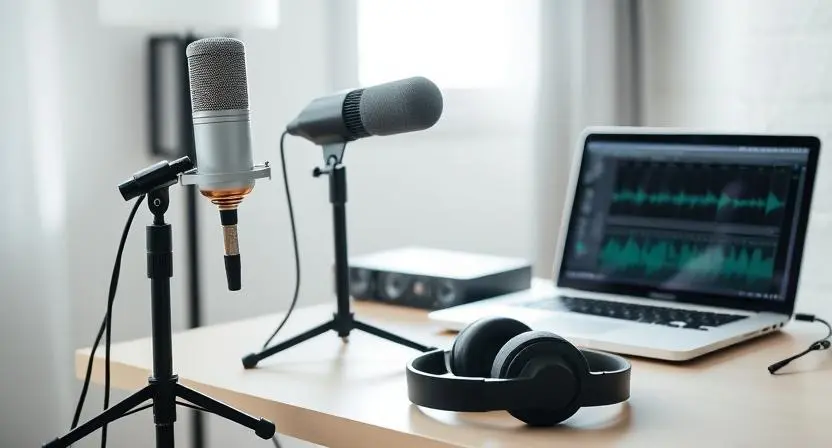 Minimal home studio setup with microphone, audio interface, and headphones