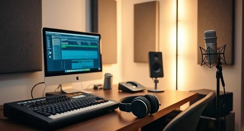 Modern home studio with audio interface and DAW for low-latency recording