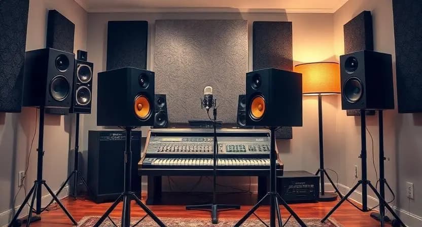 A well-organized home studio with optimized monitor placement for sound accuracy