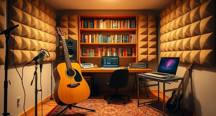 Cozy home studio with acoustic guitar and recording equipment