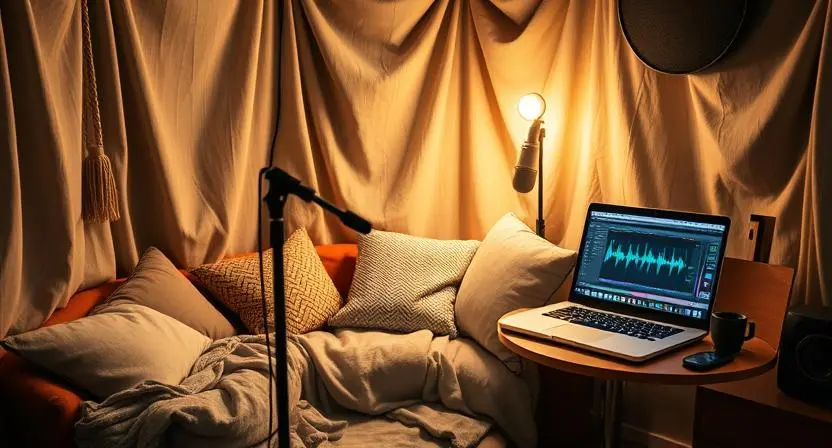A small home recording setup with a microphone and acoustic treatment using blankets and pillows