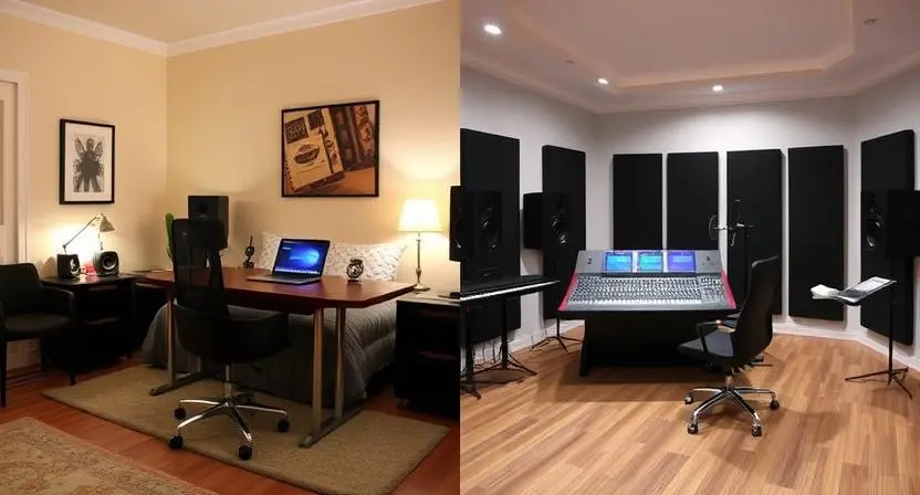 Comparison of a home studio and a project studio setup.