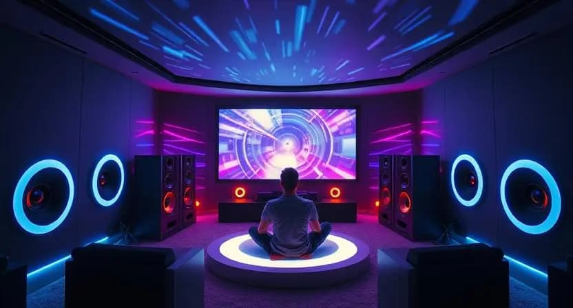 A person enjoying a 3D audio experience in a modern home theater setup