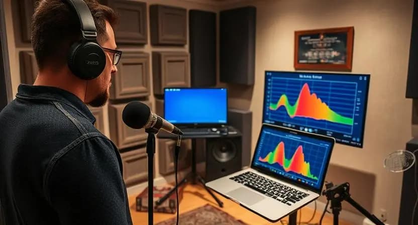 Producer analyzing room reflections with measurement tools