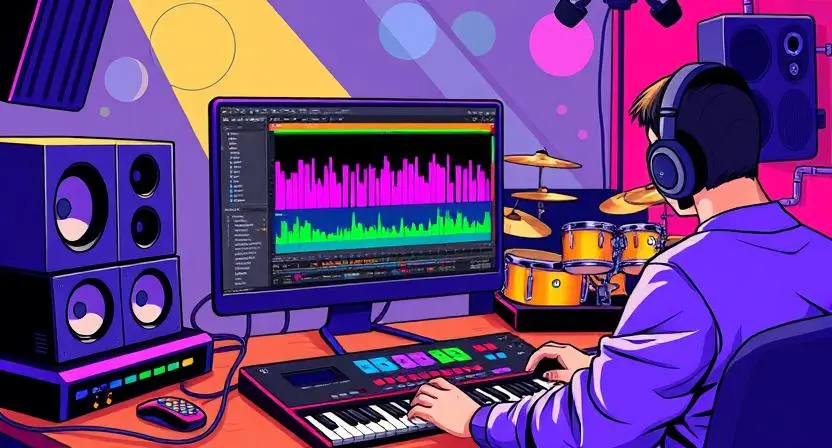 Digital illustration of a music production studio with MIDI drum tracks on a DAW interface
