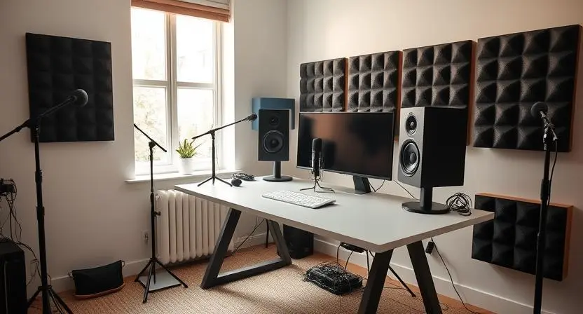 A sleek and organized home studio with essential recording equipment and acoustic treatment