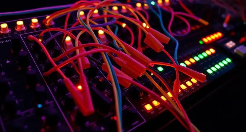 Colorful patch cables connecting Eurorack modules in a synthesizer setup