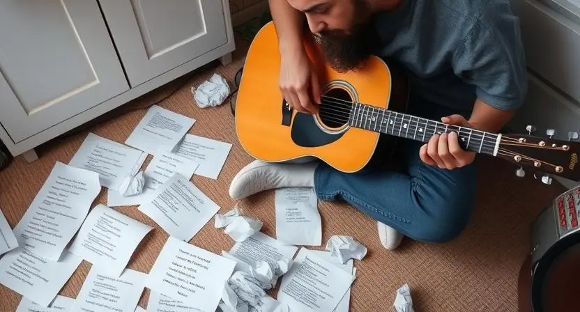 A beginner musician sitting on the floor with an acoustic guitar, surrounded by crumpled lyric sheets, looking frustrated but determined