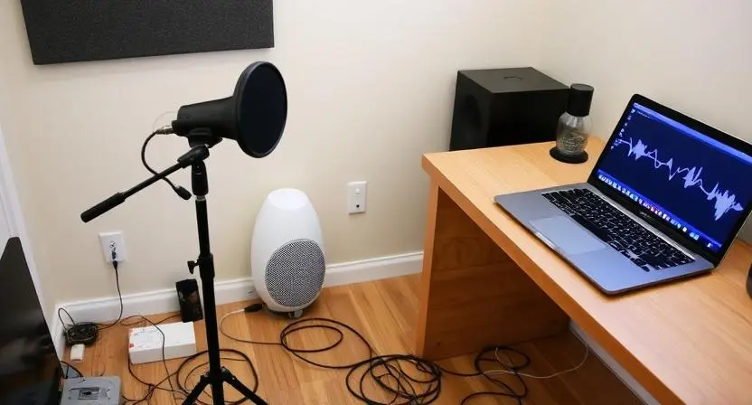 A tidy home vocal recording setup with organized cables and a humidifier