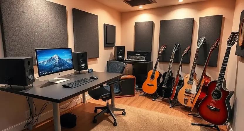 A well-organized medium home studio with efficient use of space and modern equipment