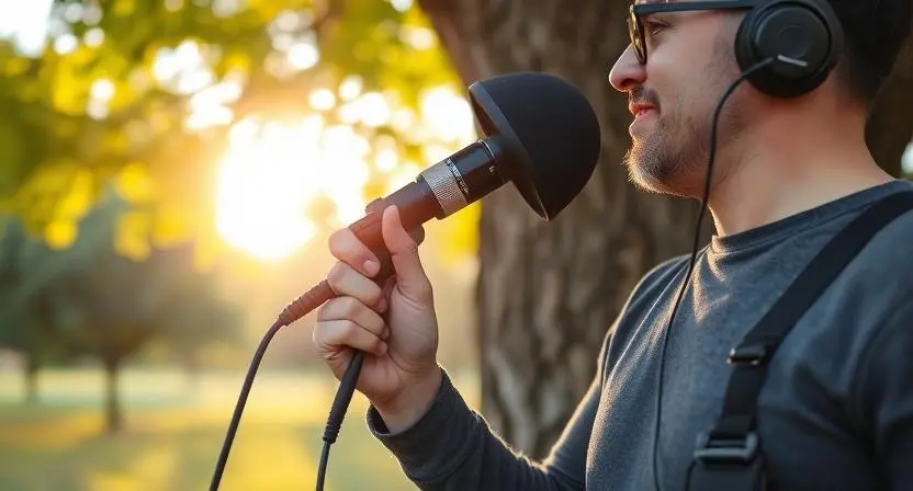 A person recording a podcast outdoors with a windscreen-protected microphone