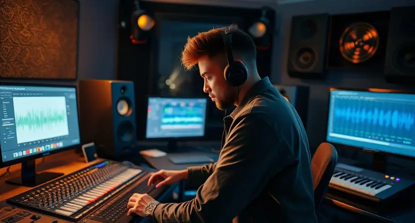 A professional music producer working in a high-tech studio, surrounded by glowing audio equipment, mixing consoles, and digital screens