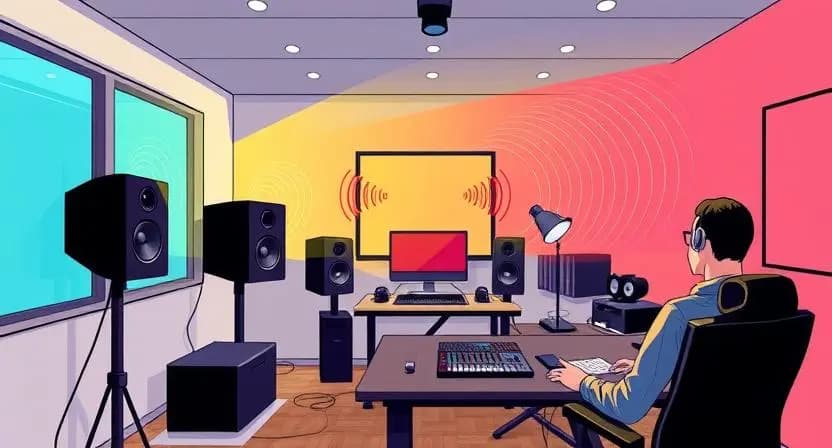 Illustration of sound waves reflecting in a music production studio