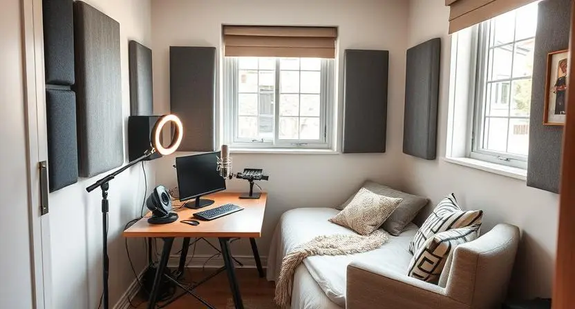 A small bedroom converted into a functional recording studio with audio equipment and lighting