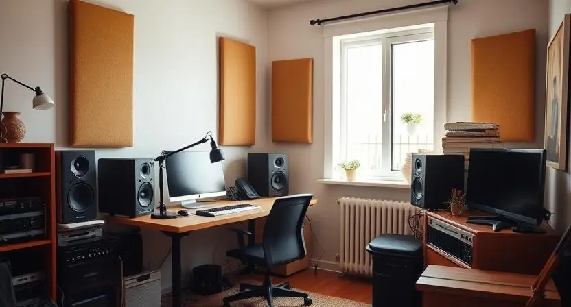 A compact home studio with essential recording equipment and acoustic treatment