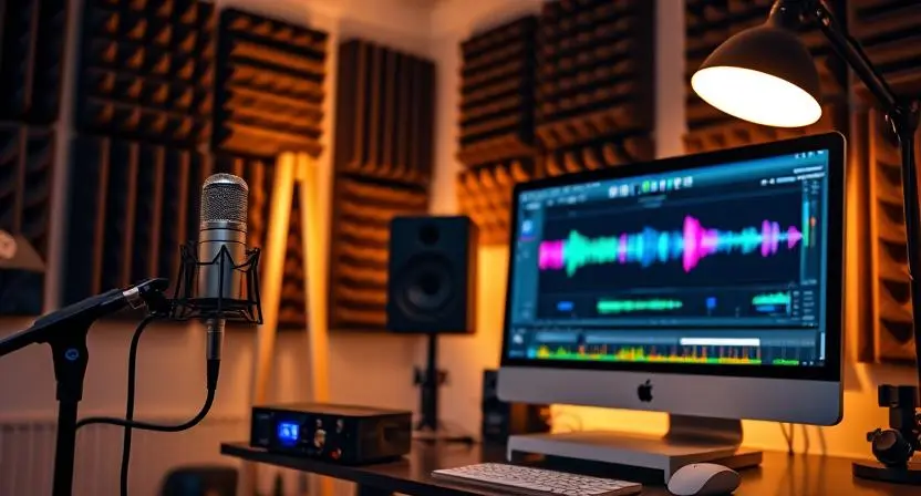 A modern home studio with microphone, audio interface, and DAW software on display