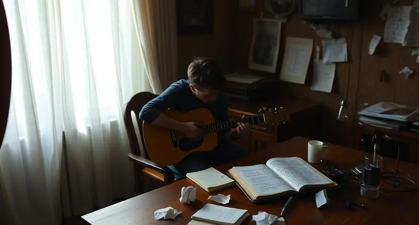 Songwriter at desk surrounded by crumpled paper and guitar, searching for inspiration
