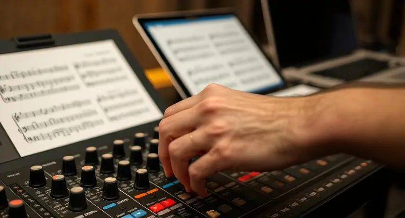 Songwriter’s hands on mixing board with sheet music and laptop, refining a song