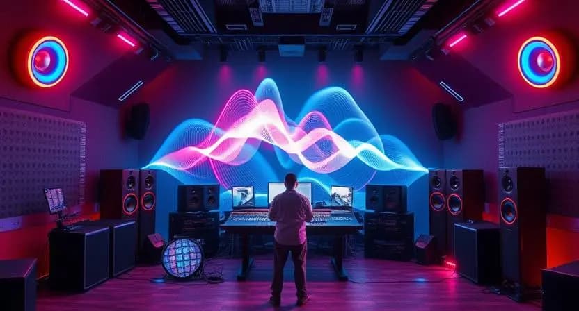 Futuristic music studio with holographic sound waves for spatial audio