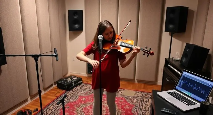 Violinist recording in a treated home studio