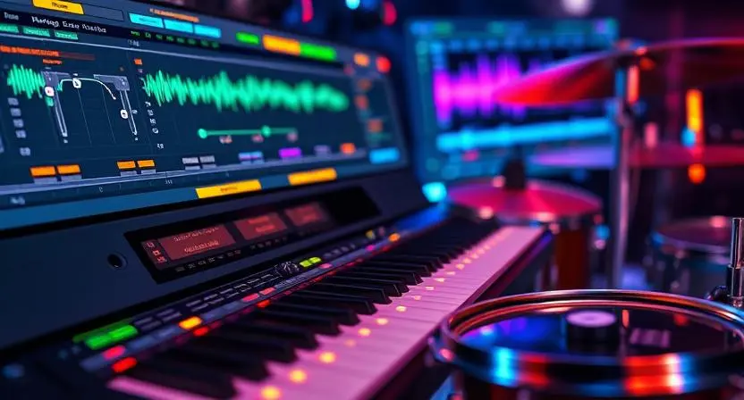 Digital rendering of a virtual drum kit and MIDI notes in a DAW interface