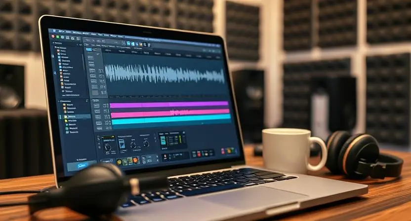 A vocal editing setup with a DAW and plugins on a laptop