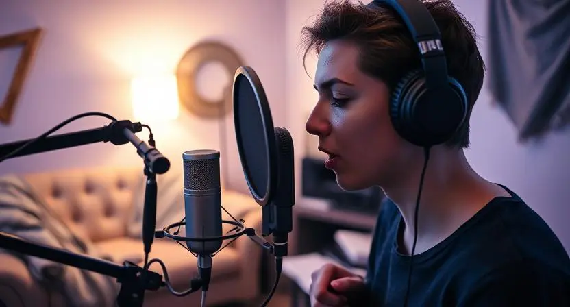 Singer using a condenser mic and pop filter in a DIY home studio